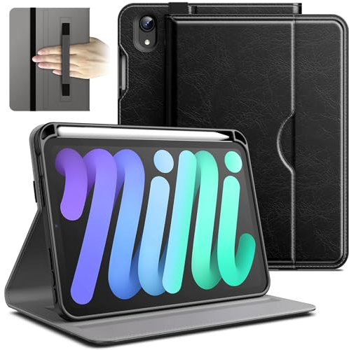 JETech Funda para iPad Mini (A17 Pro, 2024 Modelo, 7.ª Generación) / Mini 6 (2021 Modelo, 6.ª Generación), PU Cuero Folio Protectora Tableta Cover Carcasa con Portalápiz & Bolsillo (Negro)