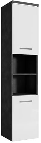 Badezimmer Schrank Paso 160cm Dunkle Grau mit Hochglanz Weiß – Regal Schrank Hochschrank Schrank Möbel Badschrank