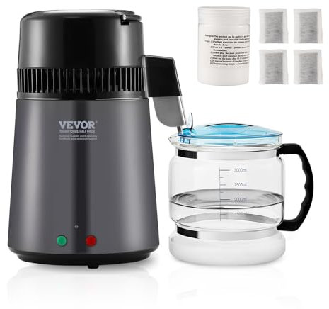 VEVOR Distillateur d'Eau 4 L Machine à Eau Distillée 1 L/h 24 L/Jour Machine à Distiller l'Eau Intérieur Inox Alimentaire Récipient en Verre pour Purification d’Eau du Robinet Maison Bureau Clinique