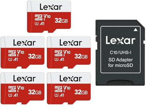 Lexar E-Series 32GB Micro SD Card 5 Pack, microSDHC UHS-I Flash Memory Card with Adapter, 100MB/s, C10, U1, A1, V10, Full HD, High Speed TF Card