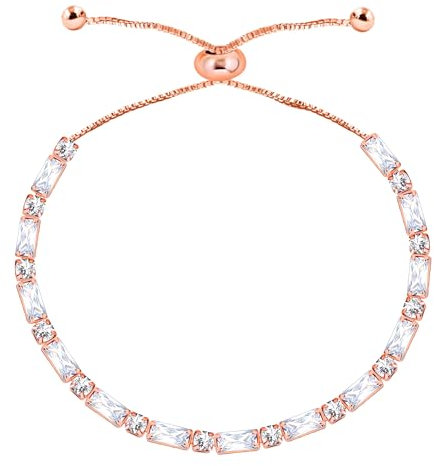 Uloveido Bracciale tennis placcato oro rosa baguette regolabile catena scorrevole zircone cubico braccialetti per le donne, adjustable, Metallo, Zirconia cubica, Y4190-rosegold-1d