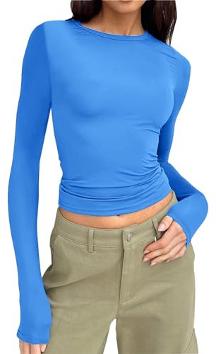 Guotobe Langarmshirt Damen Slim Fit Y2K Oberteile Langarm Shirts Rundhals Cropped Tee Einfarbig Basic Crop Tops Casual Athletisches Top Teenager Streetwear Vintage Sexy Eng Clothes Stockholm Style