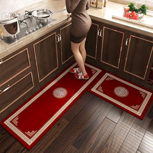 Tapis de Cuisine Rouge Tapis Cuisine Devant Evier Long Antidérapant et Lavable Ensemble Universel Salon Couloir Douche Entree Porte