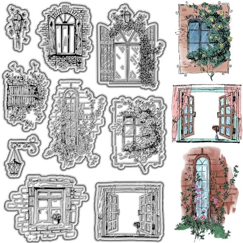CRASPIRE Vintage Window Clear Stamps Streetlights Plant Reusable Background Postmark Transparent Silicone Stamp Seals for Journaling Card Making Decor DIY Scrapbooking Supplies Film Frame