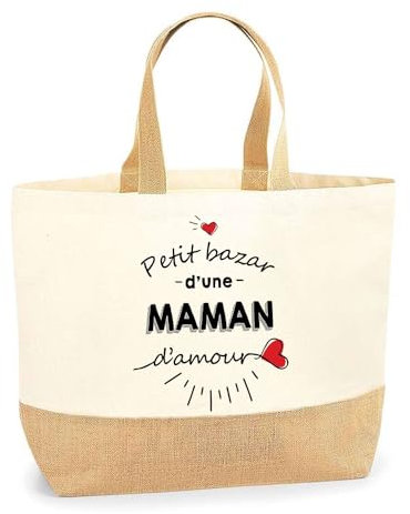 Planetee Sac Maman d’Amour | Grand Cabas en Toile de Jute pour Courses ou Sorties, Idéal Plage, Cadeau Original pour Maman, Anniversaire ou Fête des Mères