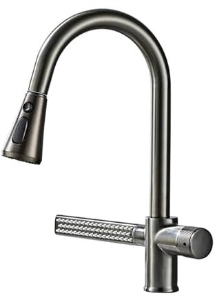 Grifo de cocina de cascada gris, puede tirar de 4 vías, métodos de salida de agua, grifo de fregadero de un solo orificio de latón frío y caliente, cromo blanco,Instalación fácil