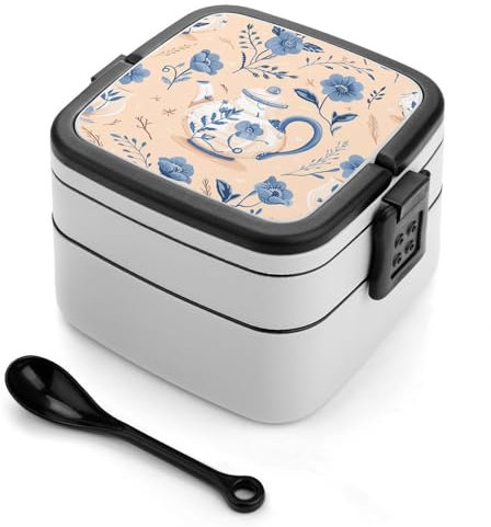 DJUETRUI Bento Box Adult Lunch Box Double Insulated Boxes Reusable Bento Lunch Box White Porcelain Teapot Leak-Proof Lunchbox for Dining Out Work Picnic