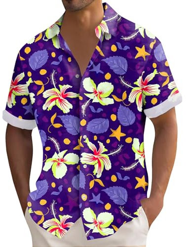 Générique T-Shirt à Manches Courtes Homme, Chemise Lin Été Sans Col, Chemise Hawaïenne, Chemisette Blanche Violet M