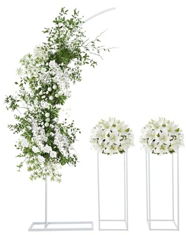 Taozhiyy 2 Stück Blumenständer mit Bogen Rahmen, Große Weiß Vasen Mittelstücke, 27*27*80cm, Metall Geometrische Blumenvasen, Säule Präsentationsständer für Hochzeit, Geburtstag, Wohnkultur