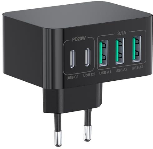 50W USB C Stecker, 5-Port Schnellladegerät Stecker Adapter EU, PD+QC Netzteil Ladegerät Box Brick, Typ C Lade Stecker Hub für iPhone 15 14 13 12 11 Pro Max XS XR SE, Samsung, iPad, AirPods