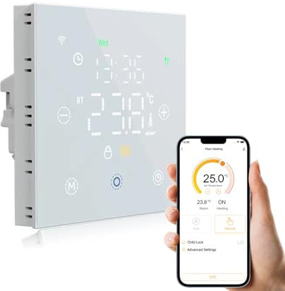 Qiumi Smart Thermostat WiFi programmierbare drahtlose Tuya Smart Life APP Fernbedienung, 5A Wasser Fußbodenheizung kompatibel mit Alexa Google Home