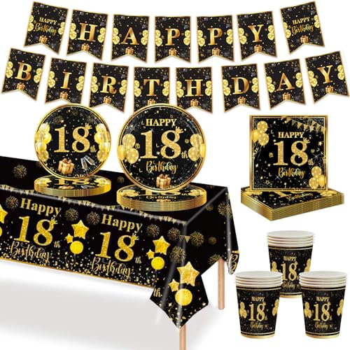 MORAINJAY 70Pcs 18th Birthday Tableware Black Gold, 18th Paper Plates, Cups, Napkins, Banner, Birthday Table Decoration Set for Men Women Party Supplies(16 Guests)