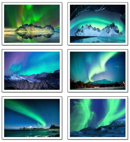 DKORARTE Set mit 6 Holzbildern, Dekoration für modernes Wohnzimmer, Schlafzimmer, Zimmer, Landschaft, Natur, Nordlicht, Norwegen, mit Metallaufhängern (29 x 20 cm pro Bild)