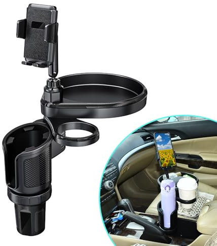 XhuangTech Car Cup Holder Extender 4 In 1 with Extra 360° Rotatable Phone Holder Mount, Tray Table & Coffee Cup Holder, Universal Adjustable Base Multifunctional Front Seat Car Cup Holder Expander