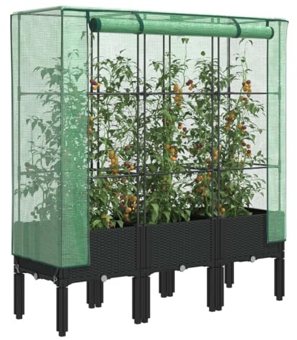 Hovothy Hochbeet mit Gewächshaus-Aufsatz Pflanzkasten mit Gewächshaus Kräuterbeet Blumenbeet Pflanzenbeet Anzuchtbeet Frühbeet für Garten Gemüsebeet Wetterfest Gartenbeet Schwarz 120x40x140 cm PP