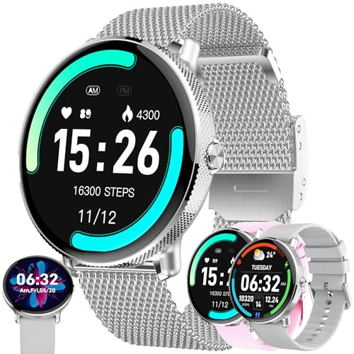 1,43” AMOLED Smartwatch Damen mit Telefonfunktion, 5ATM Diamant Fitnessuhr mit Schrittzähler Herzfrequenz SpO2, Schlafmonitor, 123 Sportmodi Uhr, Sportuhr Aktivitätstracker für Android iOS (Silber)