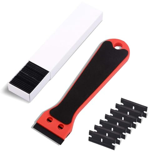 Long Handle Plastic Razor Blade with 100 Plastic Razor Blade 6inch EVA Foam Plastic Scraper for Remove Paint Label Sticker Glue Sticky Stuff Decal Safe to Glass
