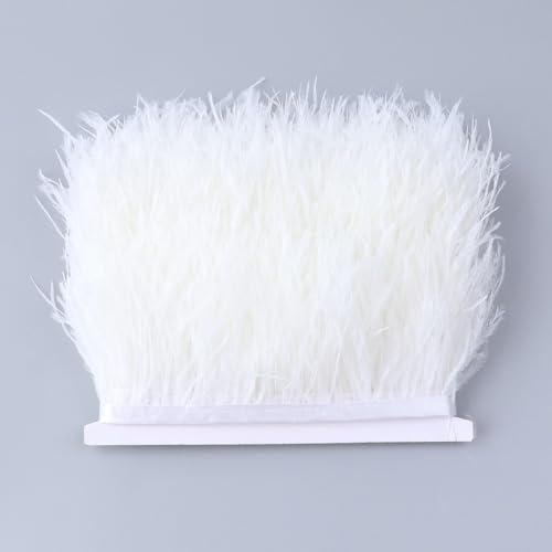 PTNKUIIY Flauschige Straußenfedern-Borten, 1m Lang 6-8cm Breit weiche Straußenfedern Fransenborte Band zum Nähen DIY Straußfeder Satinband Fransen für Kleidung Hochzeit Dekoration Basteln -Weiß