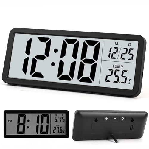 Digital Wall Clock Battery Operated, 20cm Bedside Clock, LCD Digital Clocks for Living Room with Temperature, 12/24hr, Silent Kids Clocks for Bedroom, Office, Kitchen - Black