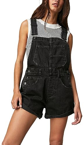 Cusghjbsg Women Denim Bib Short Overalls Adjustable Suspender Romper Shorts Casual Rolled Cuff Wide Leg Jumpsuit Shortalls With Pocket (A-Black, M)