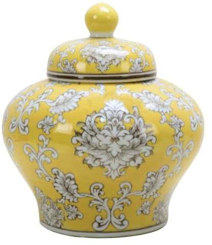 Large 25cm Chinese Floral Ginger Jar Urn Vase Yellow White Storage Ornament
