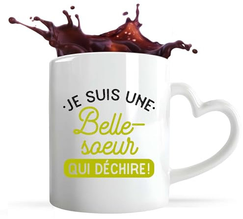 Otshirt Tasse Coeur Une Belle-Soeur qui Déchire | Mug avec anse en forme de Coeur | Idée Cadeau Belle Soeur Humour Original Noël Anniversaire Famille Amour