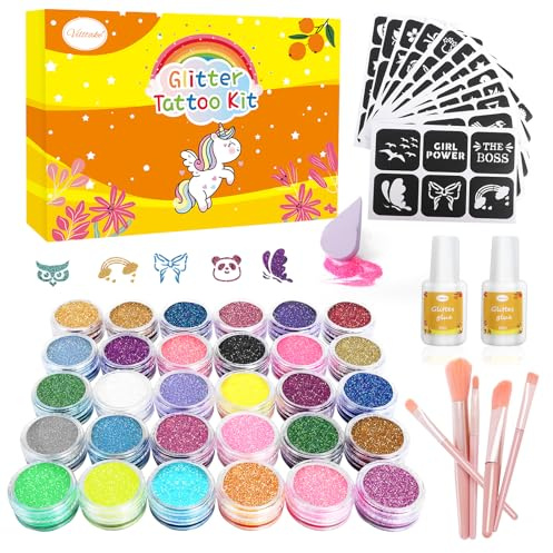 VillTake Glitzer Tattoo Set Kinder, Glitzertattoos für Mädchen, 30 Farben, 135 Schablonen, 5 Pinsel, 2 Kleber, Geschenke für Mädchen und Jungs, Geschenke für Geburtstagsparty, wunderschön verpackt