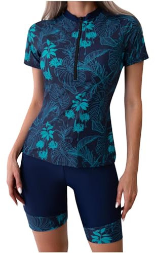 Women's Two Piece Rash Guard Short Sleeve Swimsuit with Shorts Swim Shirt Bulit in Bra Ladies Zip Up Surfing Bathing Suit Sun Protection Swimwear Set Tankinis