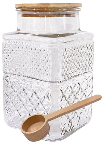 Viovian 60oz Square Glass Storage Jars with Airtight Lids and Spoon | Decorative Vintage Glass Food Jar Thick Air Tight Glass Coffee Canister with Bamboo lid