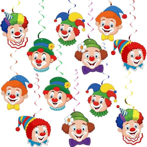 Clown Girlande Karneval Hängende Wirbel Girlande mit Clown Motiv Luftschlangen für Fasching Karneval Geburtstag Zirkus Party Deko 12 Stück