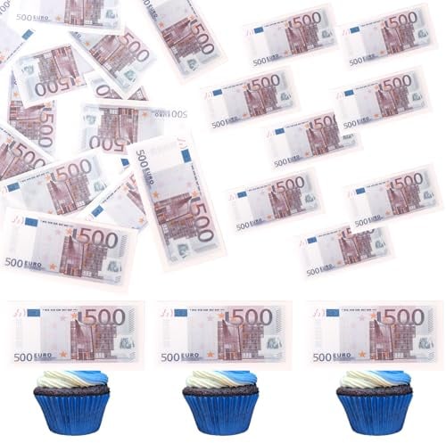 Xsstarmi 50 Pack Essbare 500 Euro Tortendeko Esspapier Spielgeld Euro Kuchen Deko Fake Geldscheine Geld Cake Topper für Männer Frauen Jahrestag Geburtstag Party Kuchen Dekoration