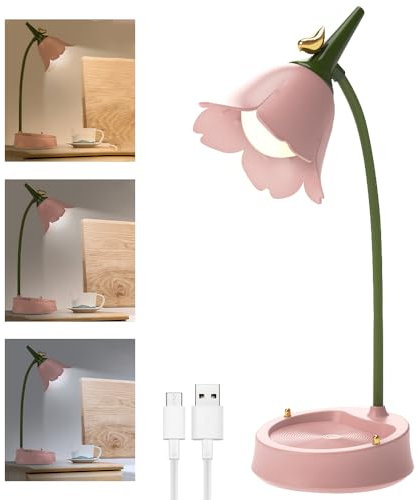 XPJBKC Schreibtischlampe Kinder, Dimmbare LED Tischlampe mit 3 Farbtemperaturen, Wiederaufladbar Blume Tischlampe Kinderzimmer mit Touchsensor und Flexibles Arm, Schreibtischlampe Mädchen Lesen Lernen