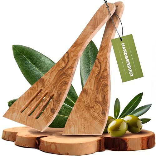 HAUSWALD® Pfannenwender Olivenholz – 2er Set [Extra breit geschlossen & mit Schlitzen] – Plastikfreie, antibakterielle und hitzebeständige Pfannenwender Holz