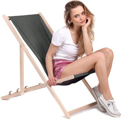 DreamRoots Liegestuhl Klappbar Holz - Klappliegestuhl mit 3-Fach Verstellbarer Rückenlehne - Strandliege Bis 130 kg Belastbar - Leinen-Optik UV-Beständiger 220g/m² Waschbarer Polyesterbezug