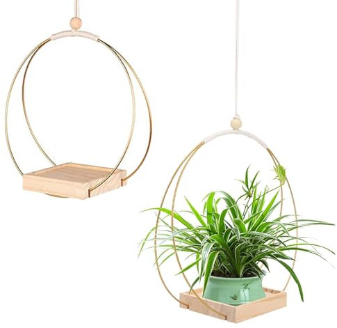 Wenrou 2 Piezas Macetero Colgante, Soporte Colgante para Plantas con Base De Madera, Macetas Colgante De Plantas, Macetero Colgante Boho, Paleta De Madera De 5 Pulgadas, con Ganchos