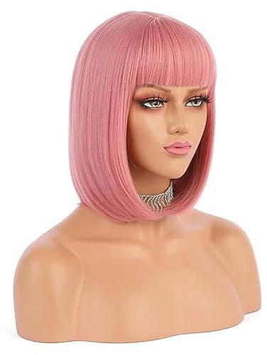 Kurze rosa Bob-Perücken mit Pony, gerade schulterlange Perücke für Damen, Kunsthaar, tägliche Cosplay-Party-Perücke (Rouge Pink)