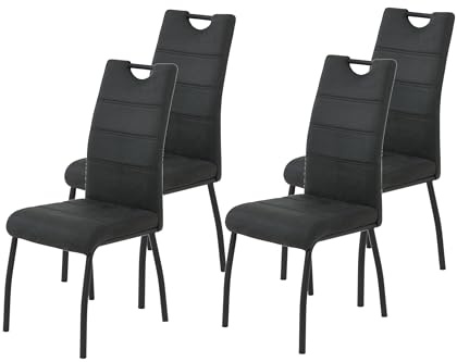 Hela Tische, 4er Set Esszimemrstuhl Petra, Microfaser Anthrazit, Rundrohr Metallfüße, Lehne mit Griff