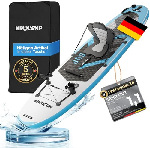 NEOLYMP Aufblasbares Stand Up Paddle Board 315 cm – SUP Komplett-Set 13-TLG. inkl. Kajaksitz, E-Book, Pumpe & Rucksack – für Kinder & Erwachsene – 150 kg Traglast – Paddleboard aufblasbar mit Zubehör