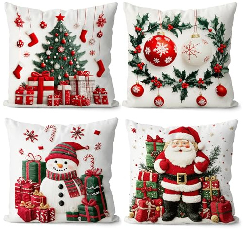 TIVUNORON Weihnachten Kissenbezug, 4 Stück Weihnachtsdeko Kissenbezug 45 * 45cm, Set Weihnachten Flauschige Kissenhülle für Sofa, Wohnzimmer, Schlafzimmerdekoration