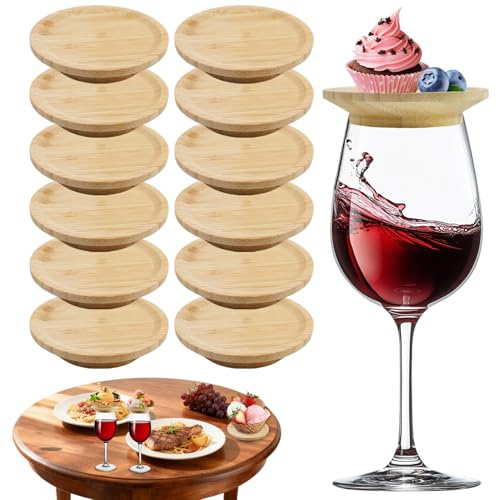 Fosoloni Stück Weinglas Topper Bambus,Weinglas Aufsatz Holz,Vorspeisenteller,Weinglasabdeckungen, Trinkglasdeckel für Desserts,Vorspeise,Weinglas Charcuterie Topper,Party Zubehör (12)