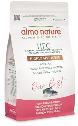 Almo Nature HFC Our Best - Highly Appetizing - Trockenfutter für Katzen - Frischer Lachs - Lebensmittelqualität, Glutenfrei, Monoprotein, Sehr Schmackhaft - 1,2kg