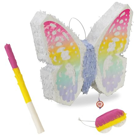 Relaxdays Pinata Schmetterling, mit Stab & Maske, Partypinata Kinder, bunt | Geburtstag, zum Befüllen, HxBxT: 48x58x10 cm