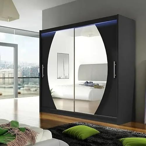 Agritrade AK BEGA IV 180 Wardrobe 180 cm Sliding Doors with Mirror Hanging Rail Shelves Modern Bedroom Storage Black LED