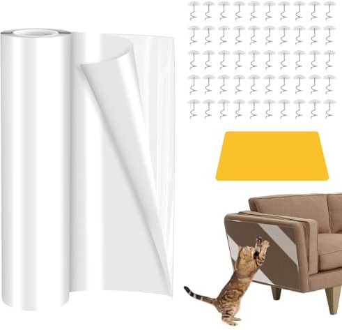 Kratzschutz Sofa Katze, 5.0m x 40cm Transparent Kratzfolie Katzen Selbstklebend, Katzen Kratzschutz für Möbel, Anti Kratz Folie für Katze, Katzenkratzschutzmatte für Möbel, Couch, Tür & Wand
