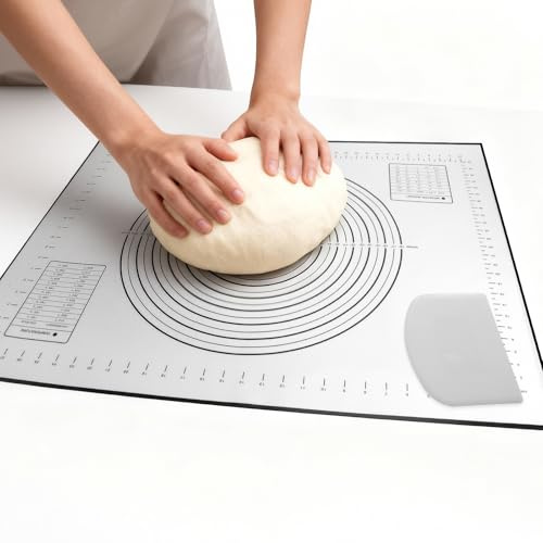 Silikon Backmatte 60x80cm Teigmatte Set,mit Schneidmesser aus Antihaft Dauerbackmatte mit Messung & rutschfester Unterlage Große Backunterlage & Teigunterlage für Brot Fondant Pizza Backofen