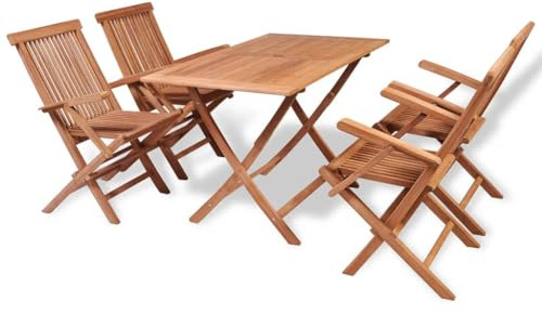 JHQHSM 5-TLG. Garten-Essgruppe Teak Massivholz Klappstühle rechteckiger Tisch Set für Picknick Camping Outdoor, wetterbeständiges langlebiges Holz Gartenmöbel mit fein geschliffener