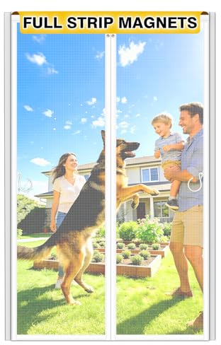 Magnetic Fly Screen Door, Fibreglass Mesh with Full-Length Magnets, NO Gap Auto Closes Kid and Pet Friendly Patio Exterior Door Curtains to Stop Flies Without Drilling (90x200cm, White)