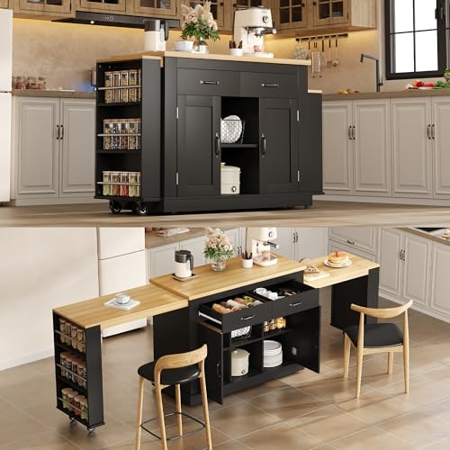 NuvlaGu Isla de cocina sobre ruedas con encimera extraíble y función de mesa de comedor, carro de cocina con enchufe y USB, 9 ruedas, cajones y estantes ajustables, bloque de cocina móvil