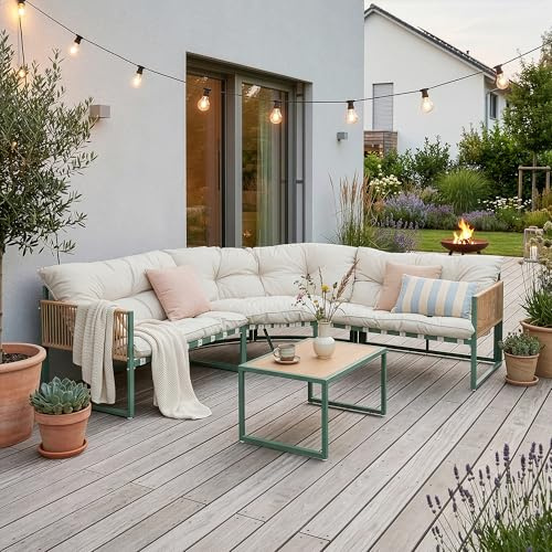 casa.pro Gartenmöbel Set Karg Balkonmöbel Lounge Set 4-teilig Sitzgruppe 3 Sofaelemente mit Couchtisch Outdoor Ecksofa Rattan-Armlehne Kissen wetterfest Rattanoptik Grün/Beige