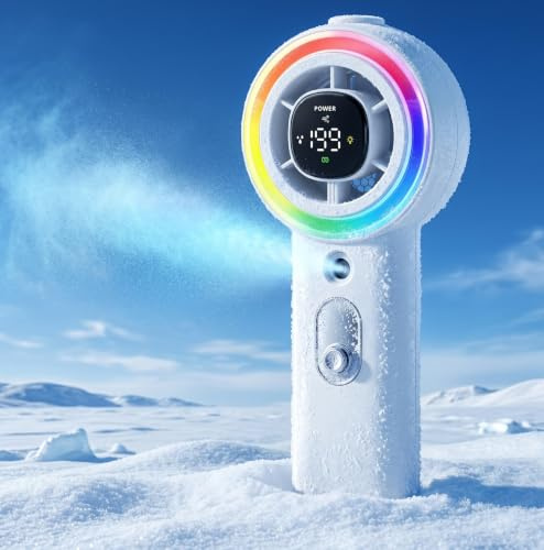 Ventilador Nebulizador de Mano Portatil con Luces LED, Mini Ventilador Mano Agua Pulverizada, 15000 RPM Turbo, 4000mAh USB Rechargeable, Pantalla Digital, 199 Velocidades para Viaje Playa Oficina